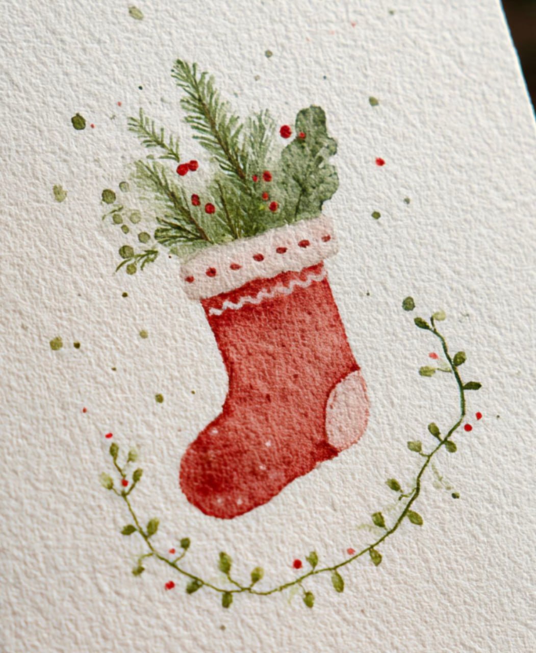 Cartão de Natal em aquarela com uma bota e folhagens