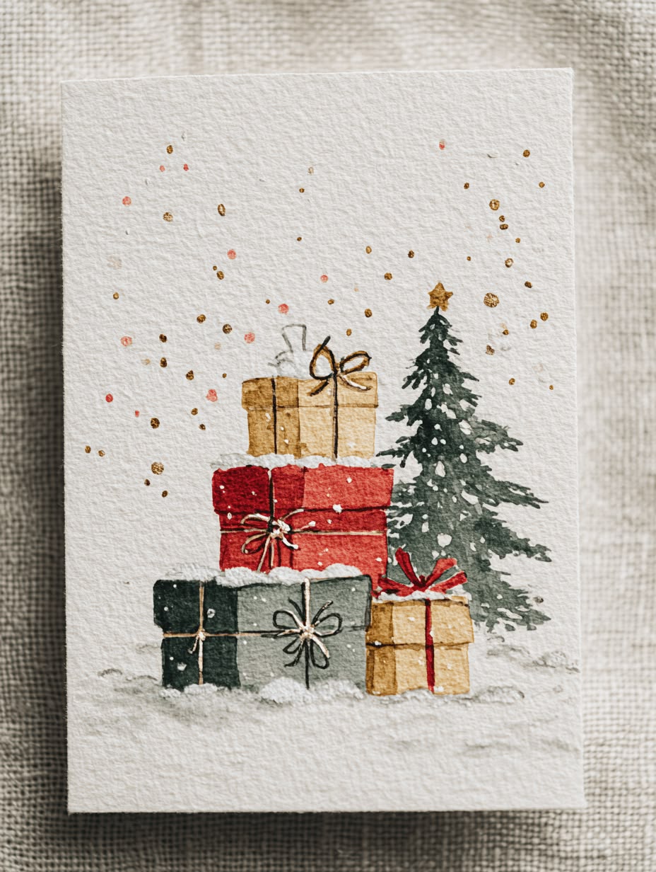 Cartão de Natal em aquarela com presentes e árvore